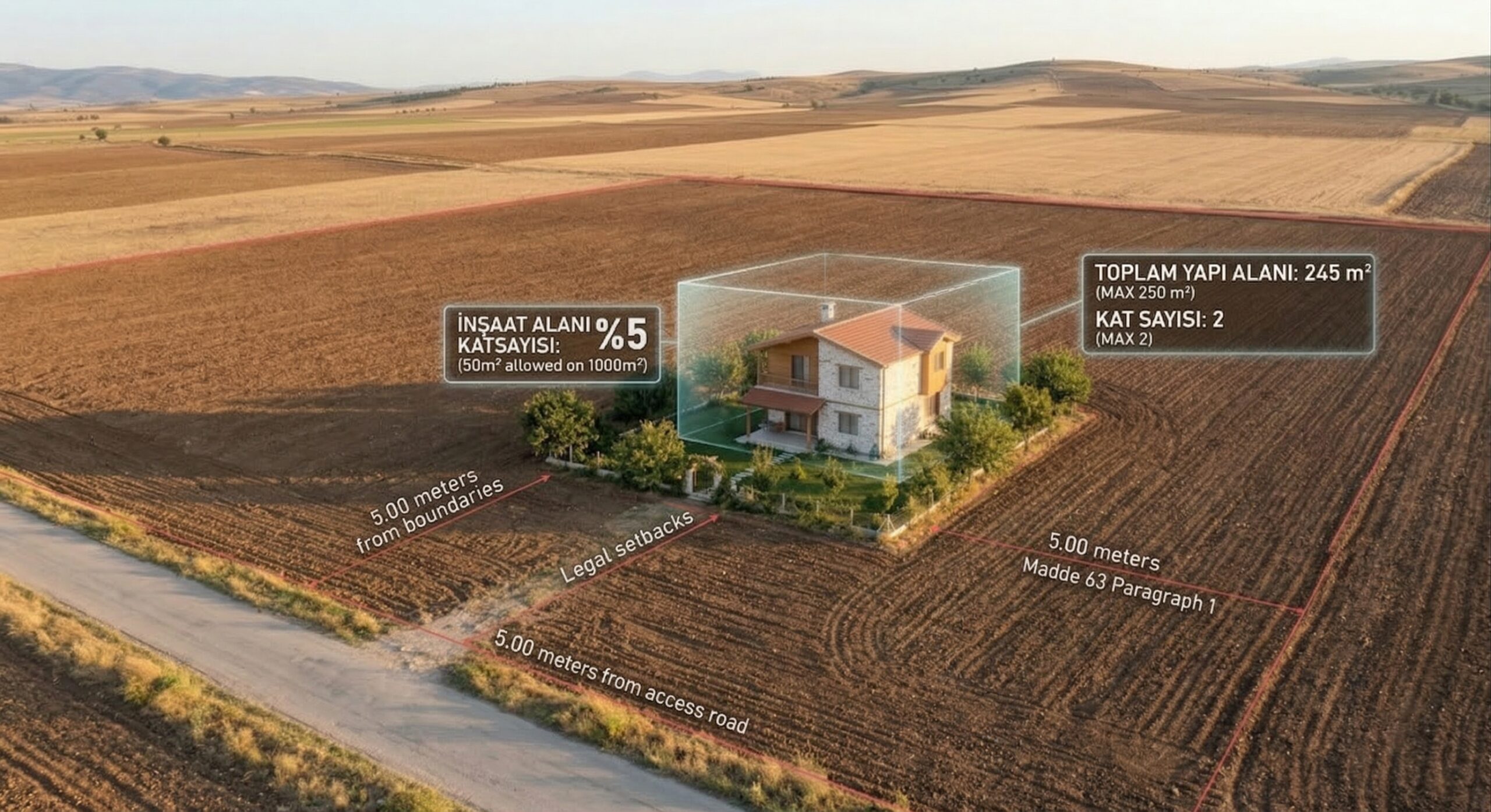 Madde 63'e uygun yasal bağ evi yapılaşması örneği