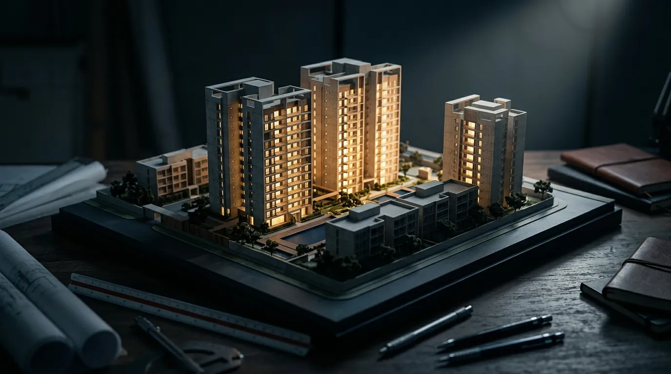 Ana gayrimenkul bütünü içinde sadece temeli atılıp yükselen ana binaları (blokları) temsil eden anayapı konsepti.