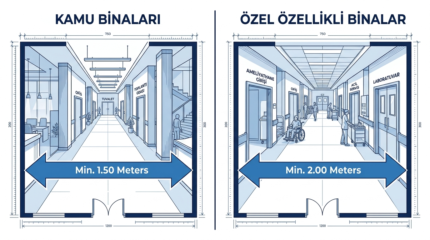 Umumi ve özellik arz eden binalarda yeni koridor genişlikleri mimari planı