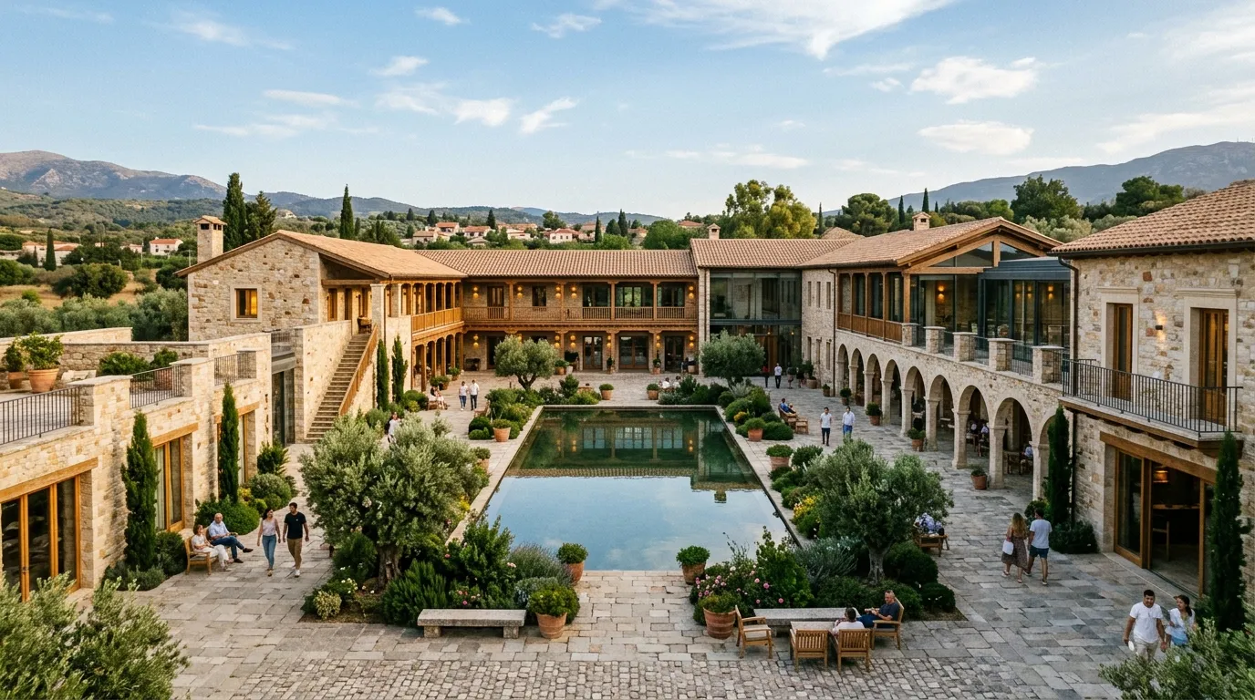 Yapı blokları tarafından çevrelenen ve üstü gökyüzüne açık olan mimari avlu tasarımı.