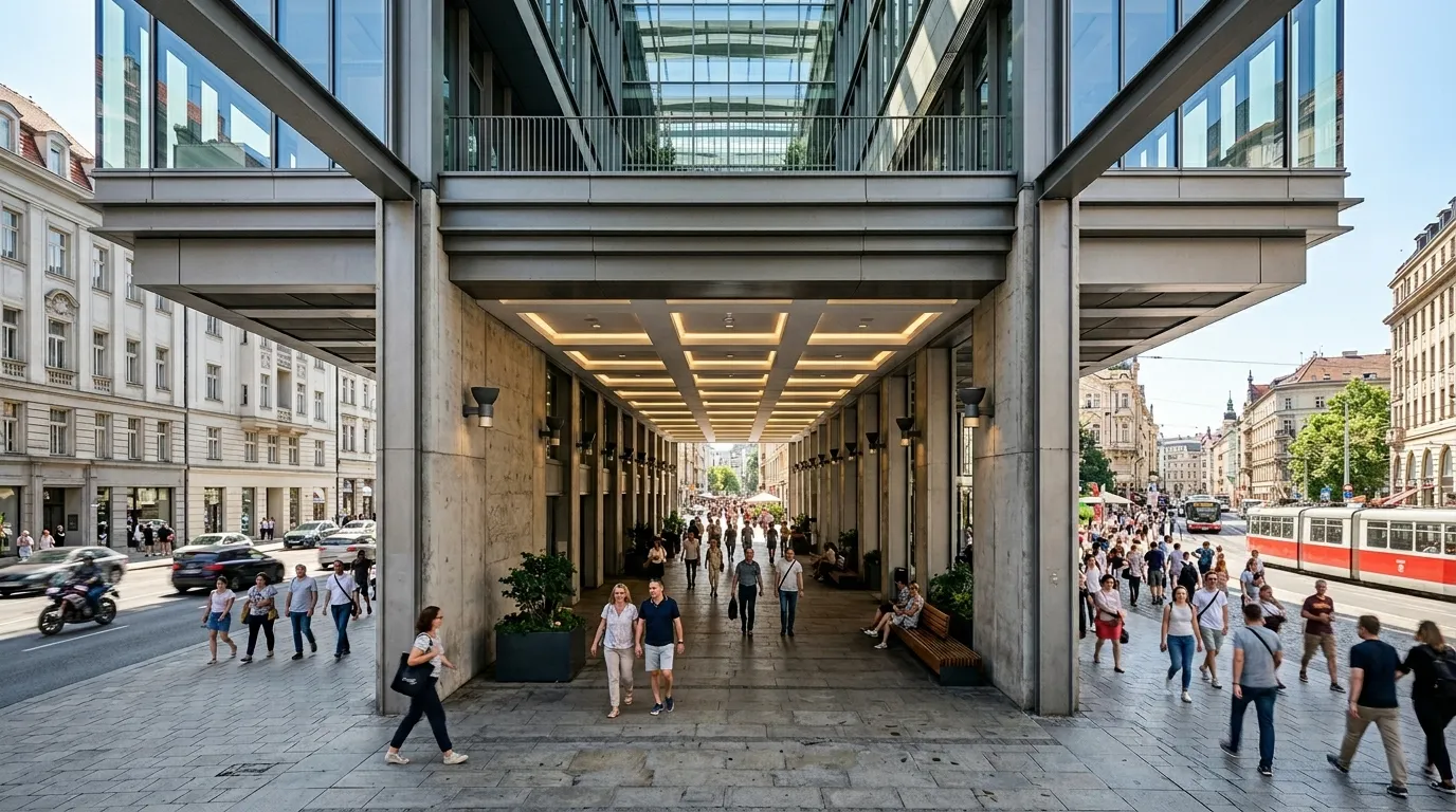 Bina altından geçen ve iki sokağı birbirine bağlayan yaya geçidi (arkad) mimarisi.