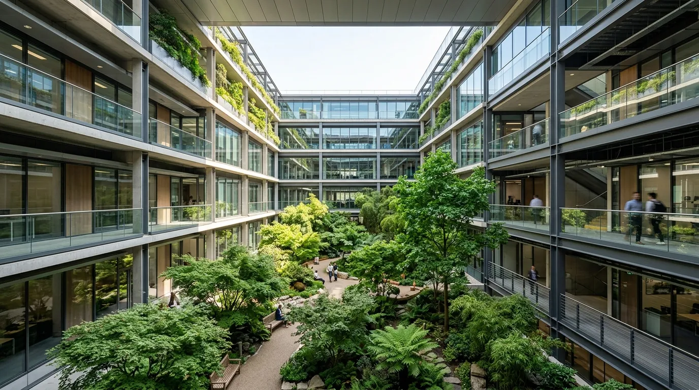 Binanın tam ortasında yer alan ve gökyüzüne açık tasarlanmış ağaçlı iç bahçe mimarisi.