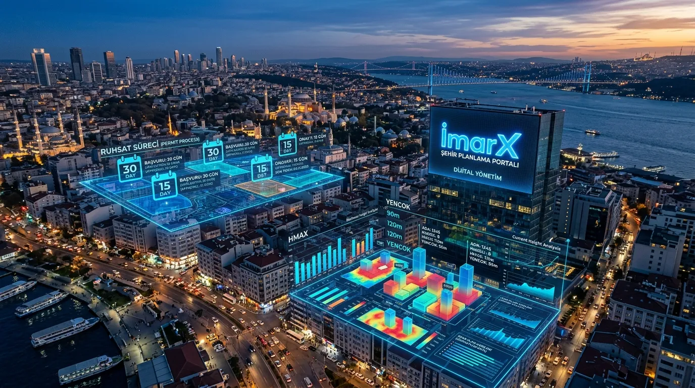 3194 Sayılı İmar Kanunu Madde 8 uyarınca imar planlarının hazırlanması, askı süreci, itirazlar ve yençok yükseklik analizi şeması.