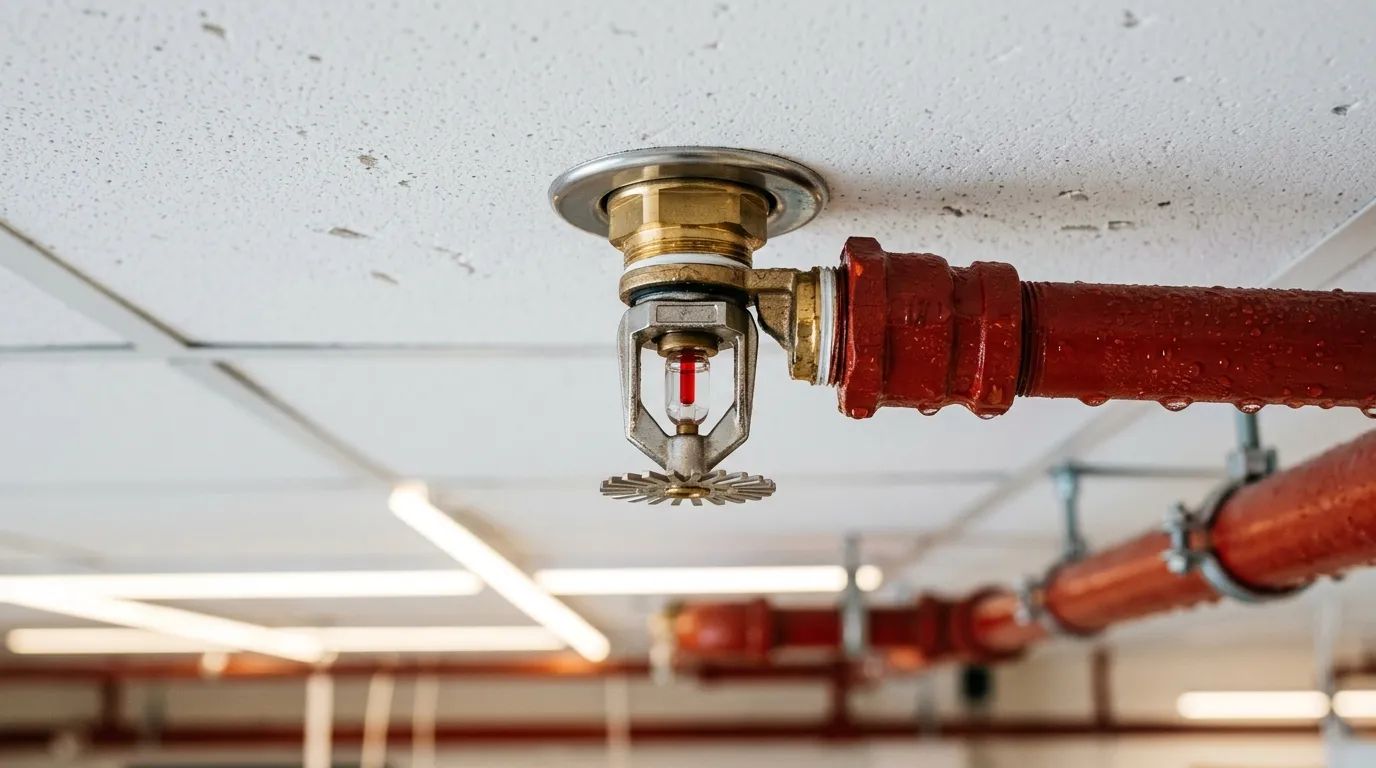 İçinde sürekli basınçlı su bulunan ve ısıya duyarlı çalışan islak borulu yağmurlama (sprinkler) sistemi.