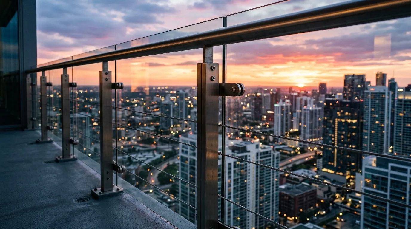 Balkon ve merdiven boşluklarında güvenliği sağlamak amacıyla yapılan cam ve çelik korkuluk mimarisi.