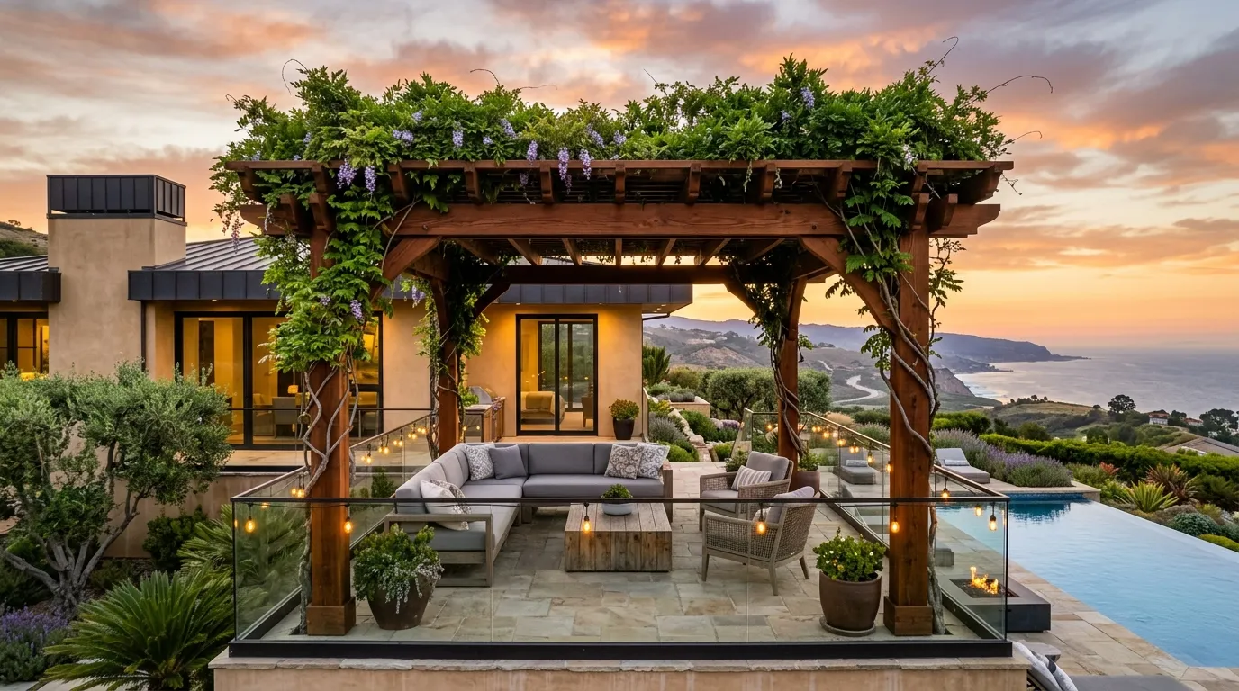 Bahçe ve teraslarda gölgelik amacıyla hafif malzemeden inşa edilen, üstü açık ahşap pergola mimarisi.