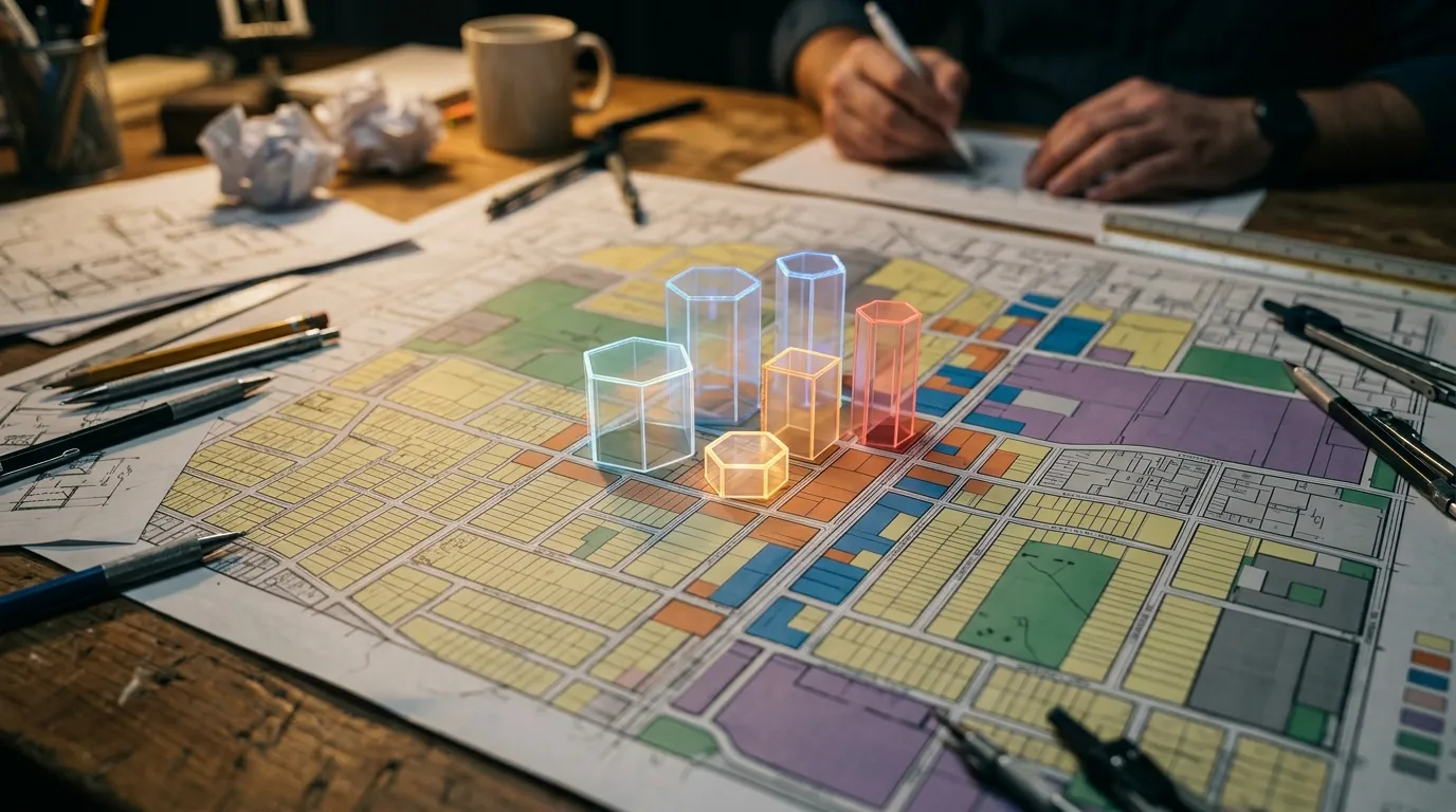 İmar planı üzerinde bölgeye özel yapılaşma şartlarını ve kurallarını belirleyen plan notları konsepti.