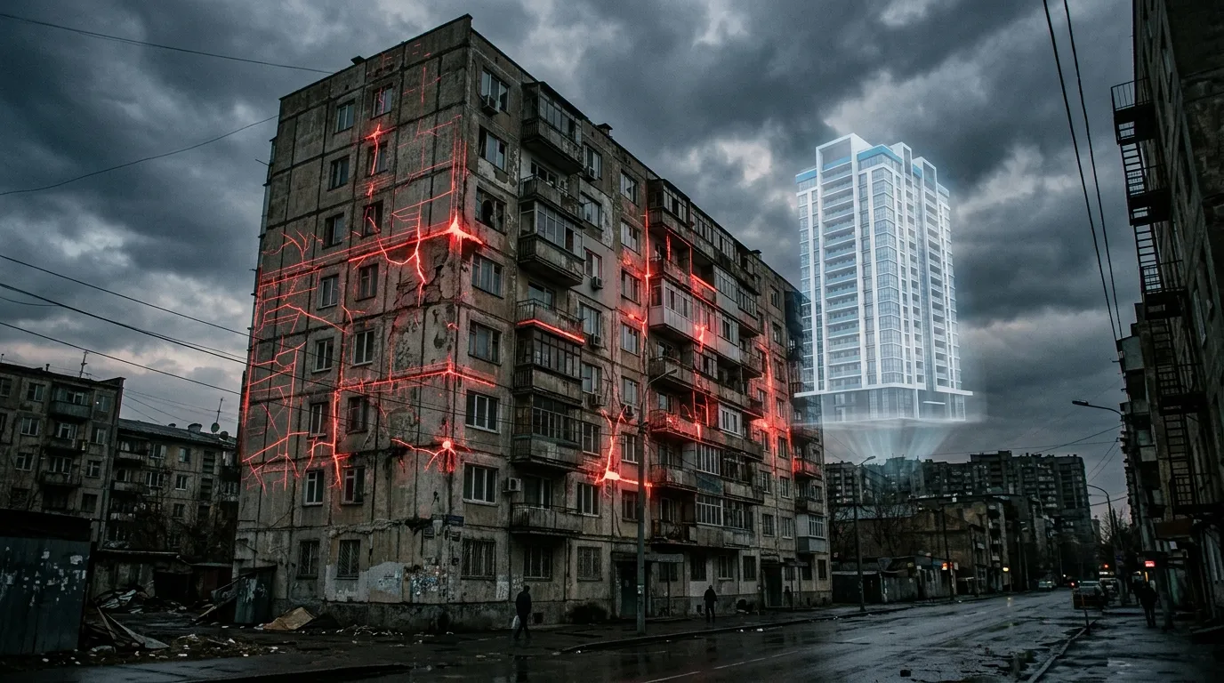 Kentsel dönüşüm kapsamında tespit edilen, deprem ve doğal afetlere karşı taşıyıcı sistem güvenliği olmayan riskli yapı.