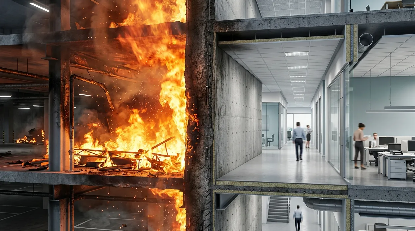 Binalar arasında veya kompartımanlarda yangının yayılmasını saatlerce durduran ateşe dayanıklı yangın duvarı.