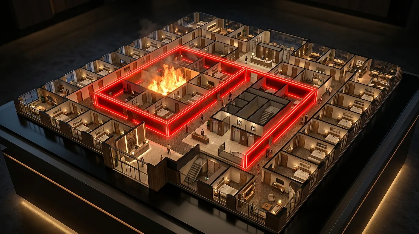 Büyük binalarda yangının diğer alanlara sıçramasını önlemek için ateşe dayanıklı duvarlarla ayrılmış yangın kompartımanı.