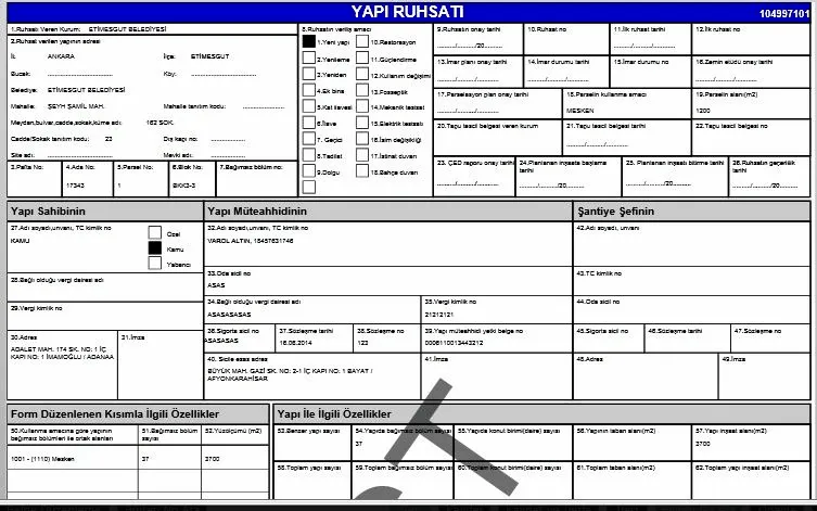 İlgili idareler tarafından onaylanan ve inşaata yasal olarak başlama izni veren resmi yapı ruhsatı belgesi.